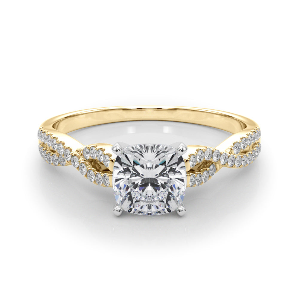 Yellow gold Cushion Solitaire Twisted Pave Diamond Engagement Ring with Four-Prong Setting