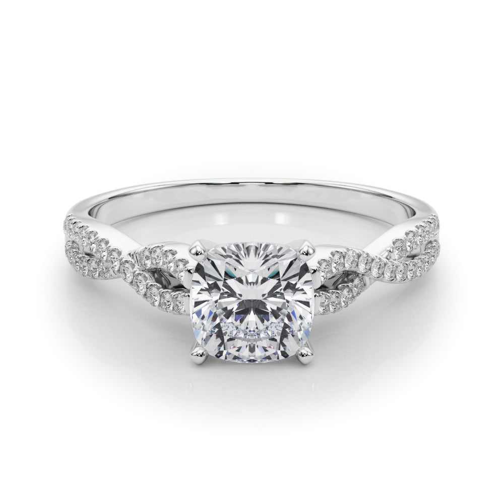 White gold Cushion Solitaire Twisted Pave Diamond Engagement Ring with Four-Prong Setting