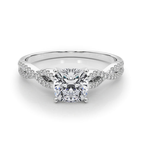 White gold Cushion Solitaire Twisted Pave Diamond Engagement Ring with Four-Prong Setting