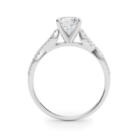 Platinum Cushion Solitaire Twisted Pave Diamond Engagement Ring with Four-Prong Setting