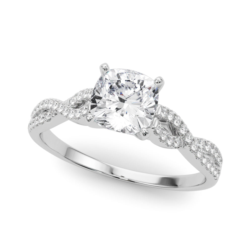 White gold Cushion Solitaire Twisted Pave Diamond Engagement Ring with Four-Prong Setting
