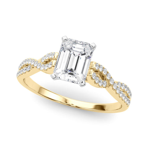 Yellow gold Emerald Solitaire Twisted Pave Diamond Engagement Ring with Four-Prong Setting
