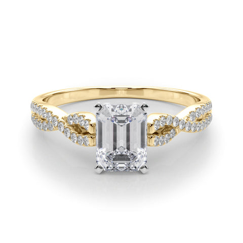 Yellow gold Emerald Solitaire Twisted Pave Diamond Engagement Ring with Four-Prong Setting