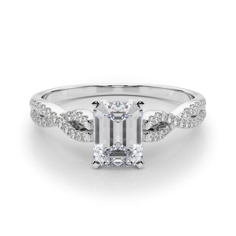 Platinum Emerald Solitaire Twisted Pave Diamond Engagement Ring with Four-Prong Setting