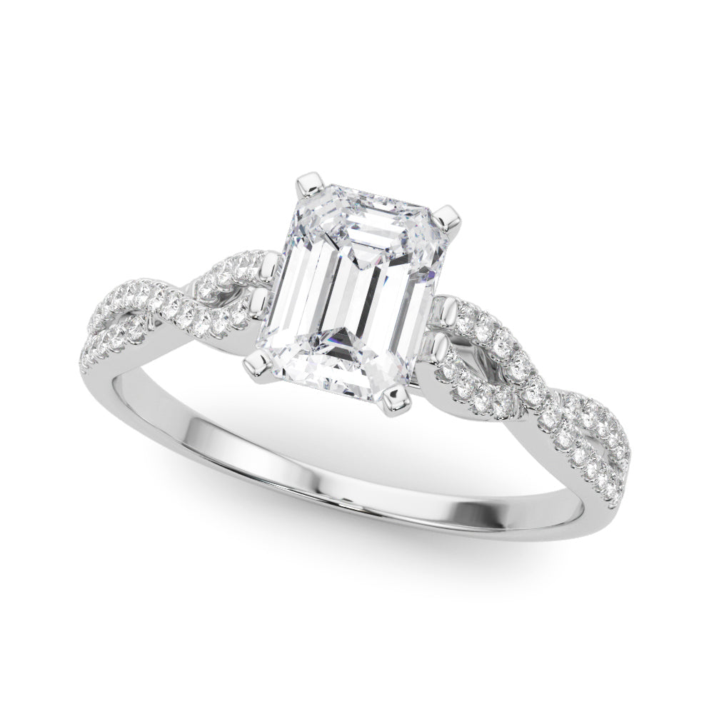White gold Radiant Solitaire Twisted Pave Diamond Engagement Ring with Four-Prong Setting