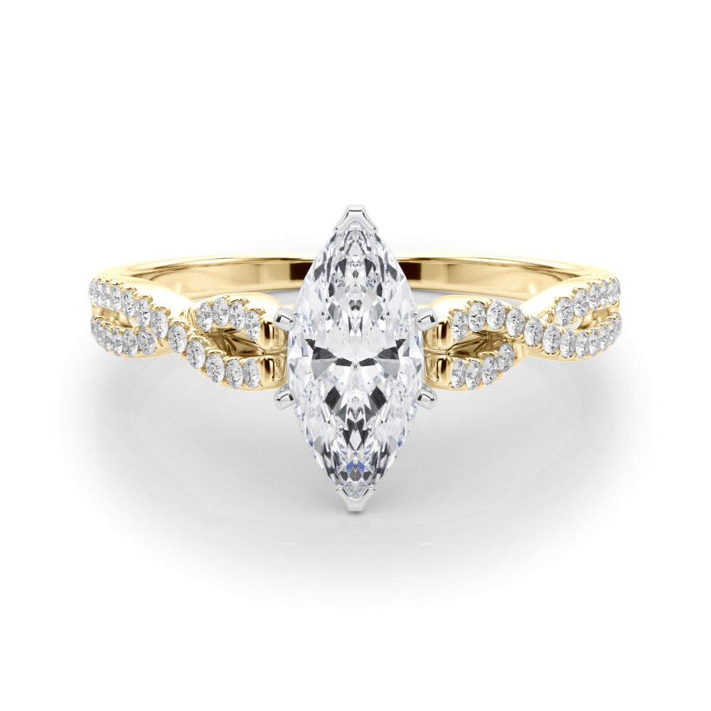 Yellow gold Marquise Solitaire Twisted Pave Diamond Engagement Ring with Four-Prong Setting