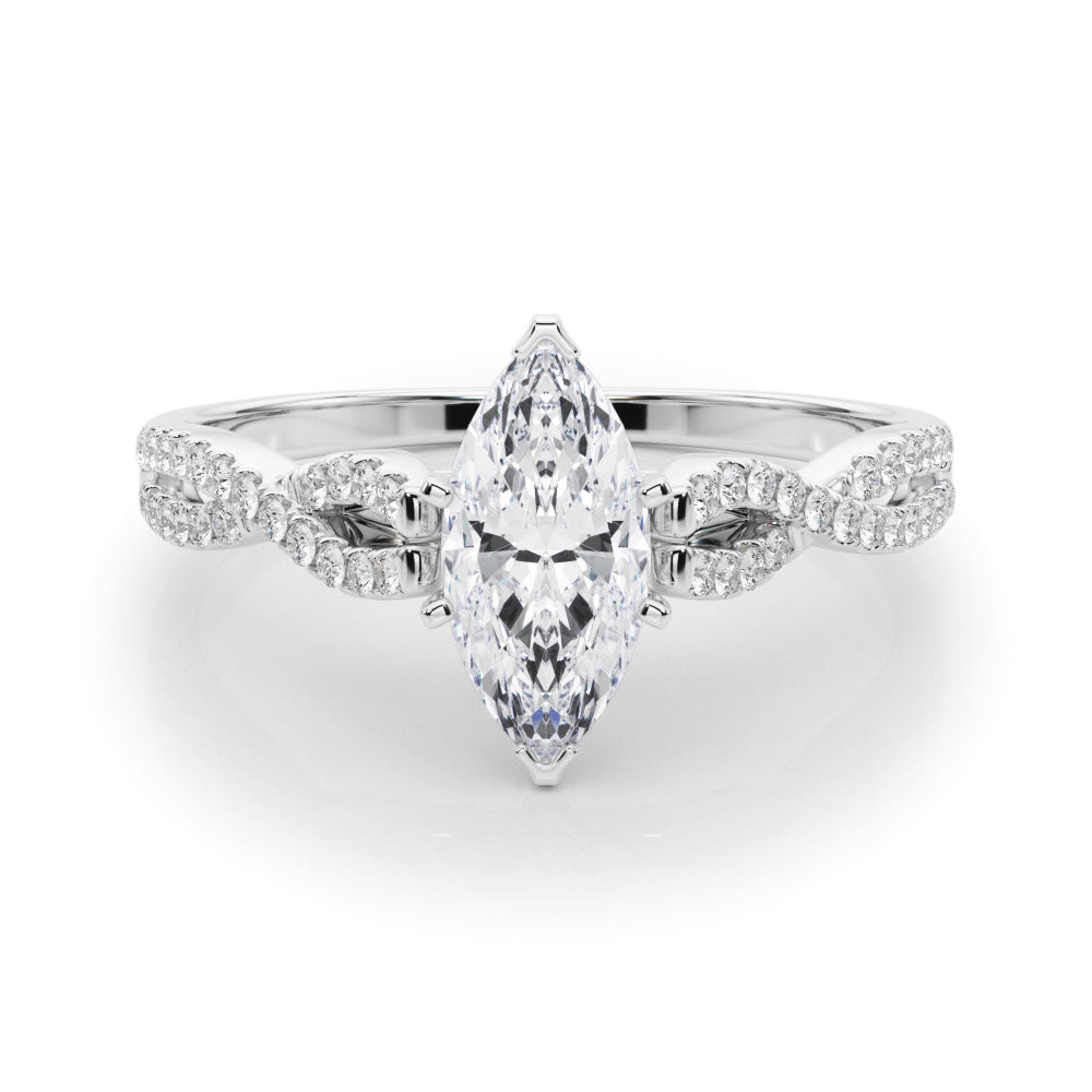 White gold Marquise Solitaire Twisted Pave Diamond Engagement Ring with Four-Prong Setting