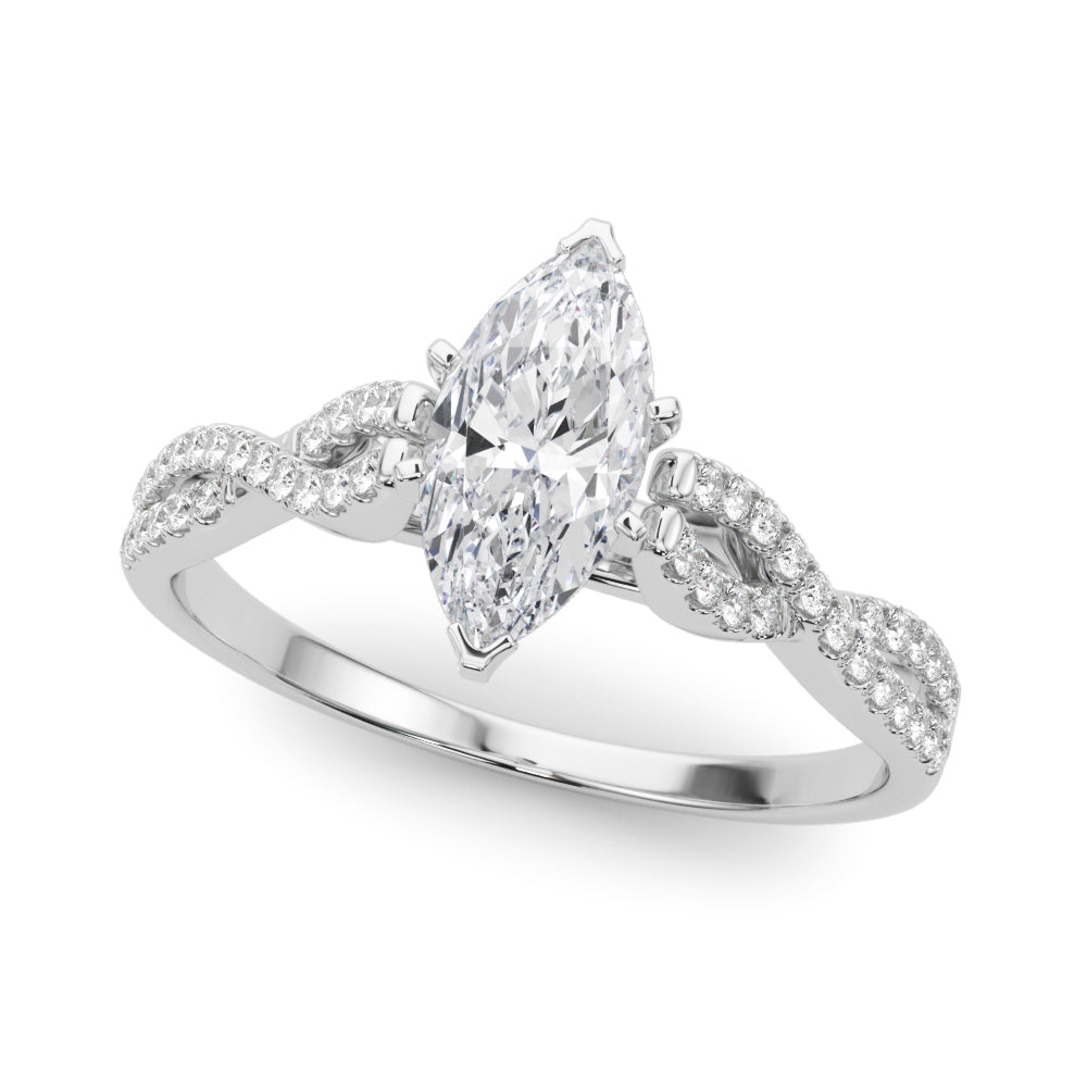 White gold Marquise Solitaire Twisted Pave Diamond Engagement Ring with Four-Prong Setting