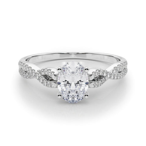 Platinum Oval Solitaire Twisted Pave Diamond Engagement Ring with Four-Prong Setting