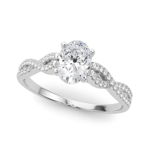 White gold Oval Solitaire Twisted Pave Diamond Engagement Ring with Four-Prong Setting