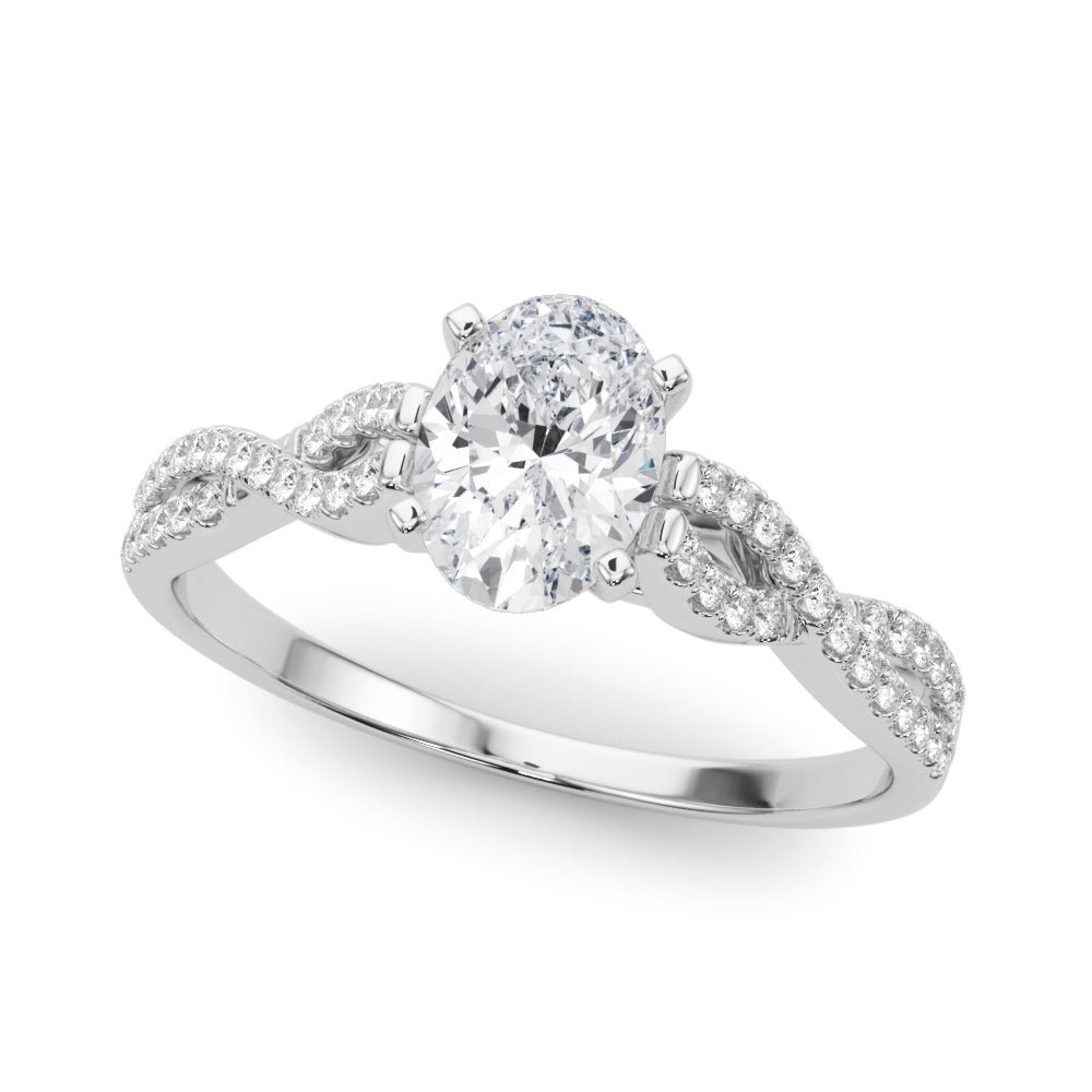 Platinum Oval Solitaire Twisted Pave Diamond Engagement Ring with Four-Prong Setting