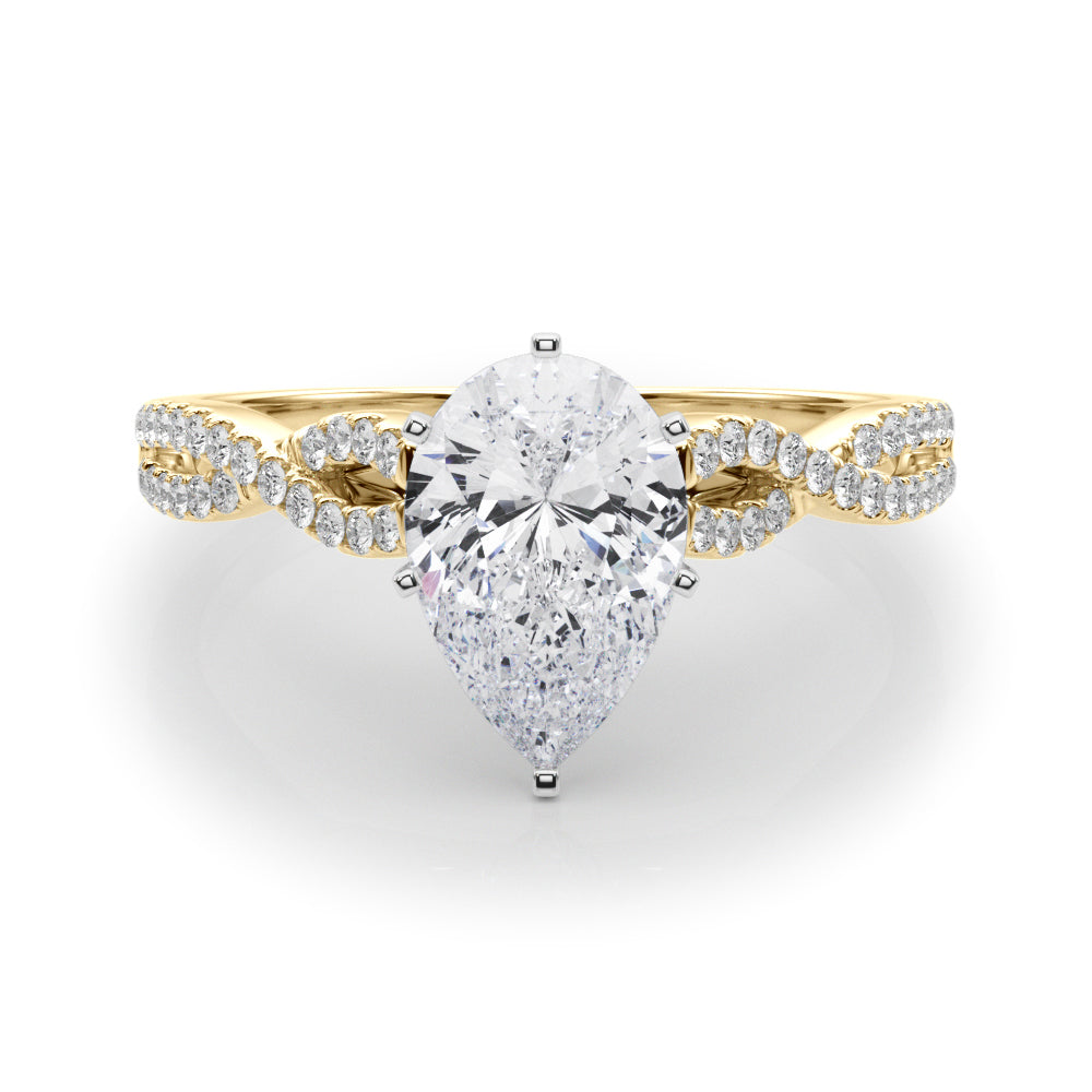 Yellow gold Pear Solitaire Twisted Pave Diamond Engagement Ring with Four-Prong Setting