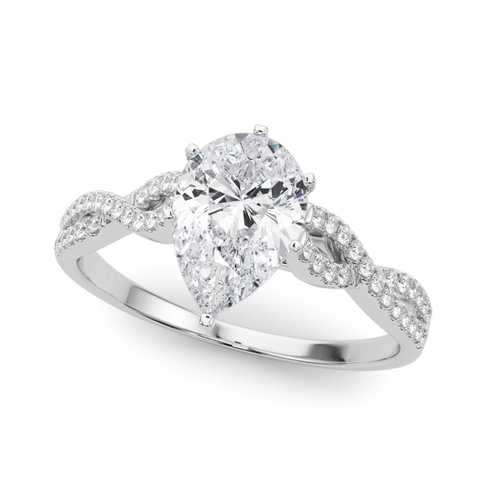 White gold Pear Solitaire Twisted Pave Diamond Engagement Ring with Four-Prong Setting