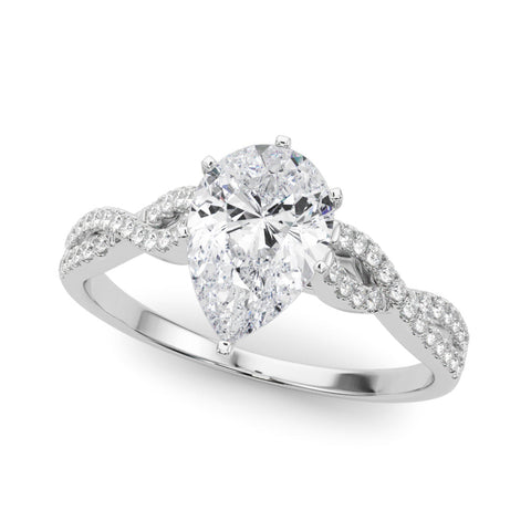 White gold Pear Solitaire Twisted Pave Diamond Engagement Ring with Four-Prong Setting