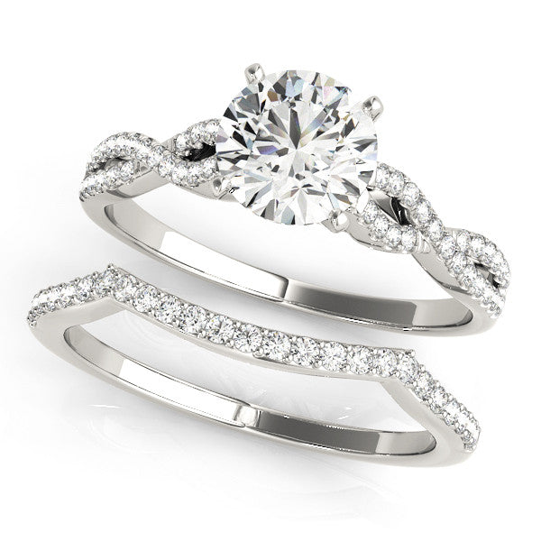 Platinum Round Solitaire Twisted Pave Diamond Engagement Ring with Four-Prong Setting
