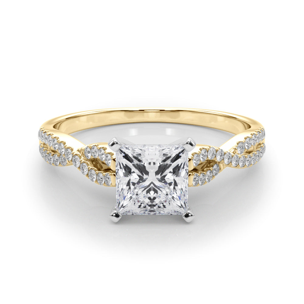 Yellow gold Princess Solitaire Twisted Pave Diamond Engagement Ring with Four-Prong Setting