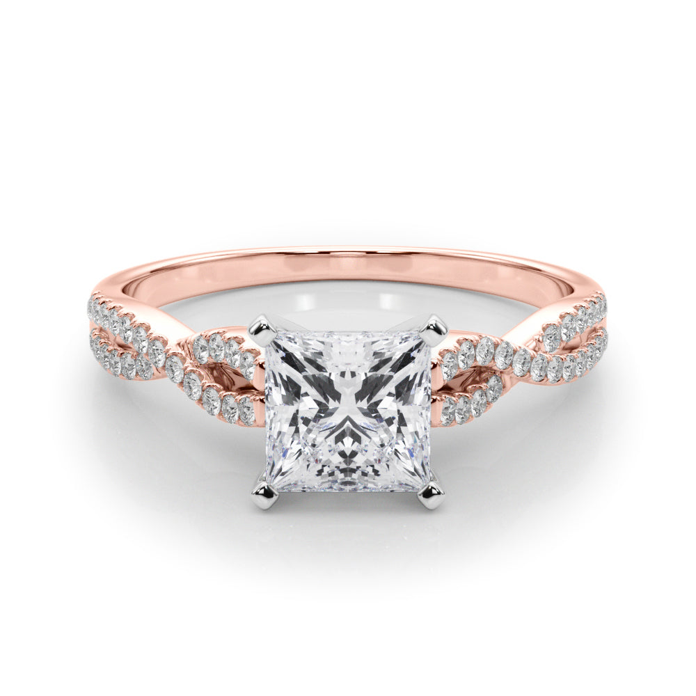 Rose gold Princess Solitaire Twisted Pave Diamond Engagement Ring with Four-Prong Setting
