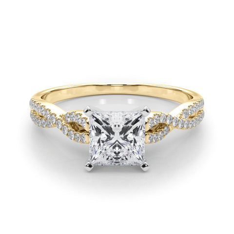 Yellow gold Princess Solitaire Twisted Pave Diamond Engagement Ring with Four-Prong Setting