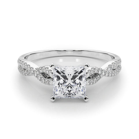 White gold Princess Solitaire Twisted Pave Diamond Engagement Ring with Four-Prong Setting