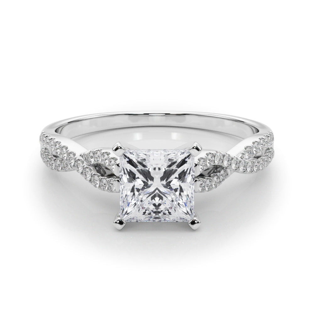 White gold Princess Solitaire Twisted Pave Diamond Engagement Ring with Four-Prong Setting