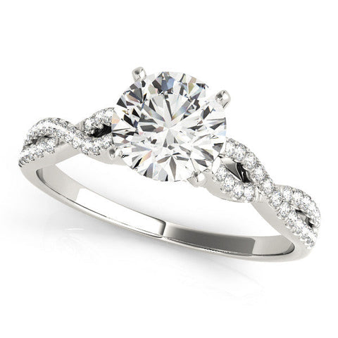 Platinum Round Solitaire Twisted Pave Diamond Engagement Ring with Four-Prong Setting
