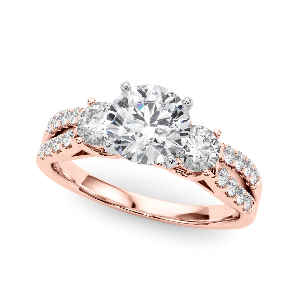 Rose gold Round Three-Stone Diamond Ring with Pavé Split Shank and Four-Prong Setting