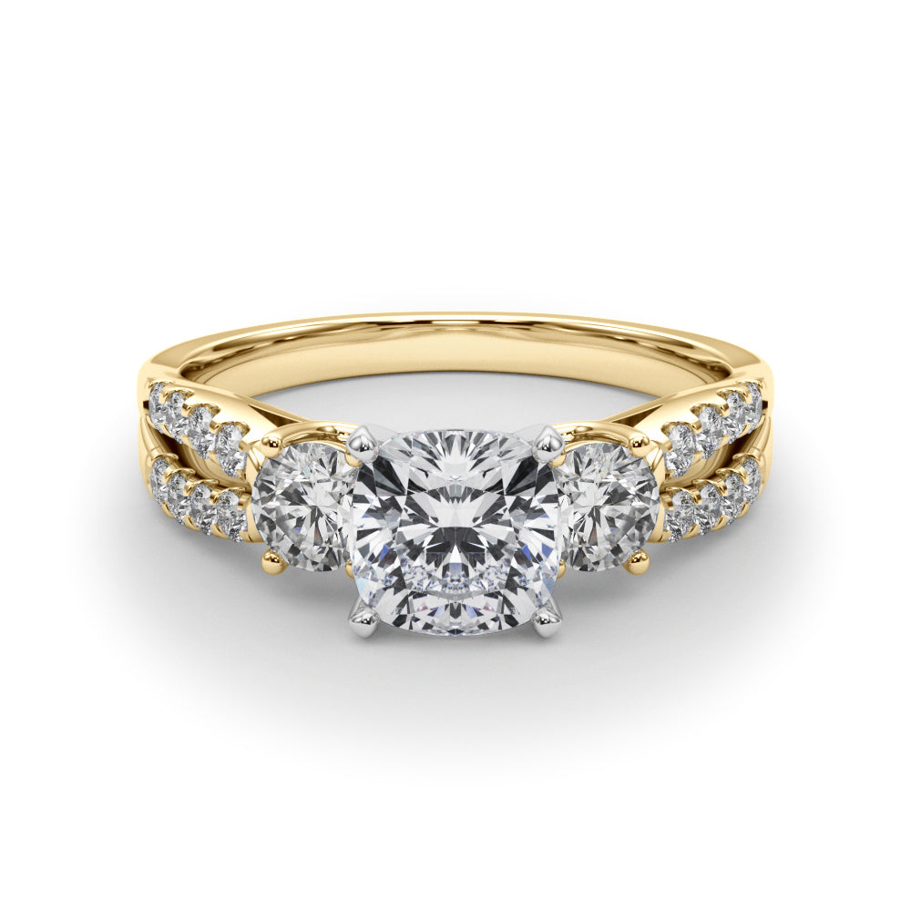 Yellow gold Cushion Three-Stone Diamond Ring with Pavé Split Shank and Four-Prong Setting