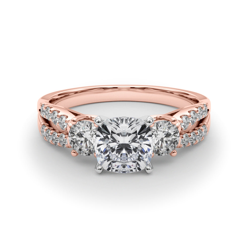 Rose gold Cushion Three-Stone Diamond Ring with Pavé Split Shank and Four-Prong Setting