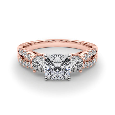 Rose gold Cushion Three-Stone Diamond Ring with Pavé Split Shank and Four-Prong Setting