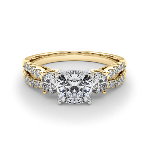 Yellow gold Cushion Three-Stone Diamond Ring with Pavé Split Shank and Four-Prong Setting