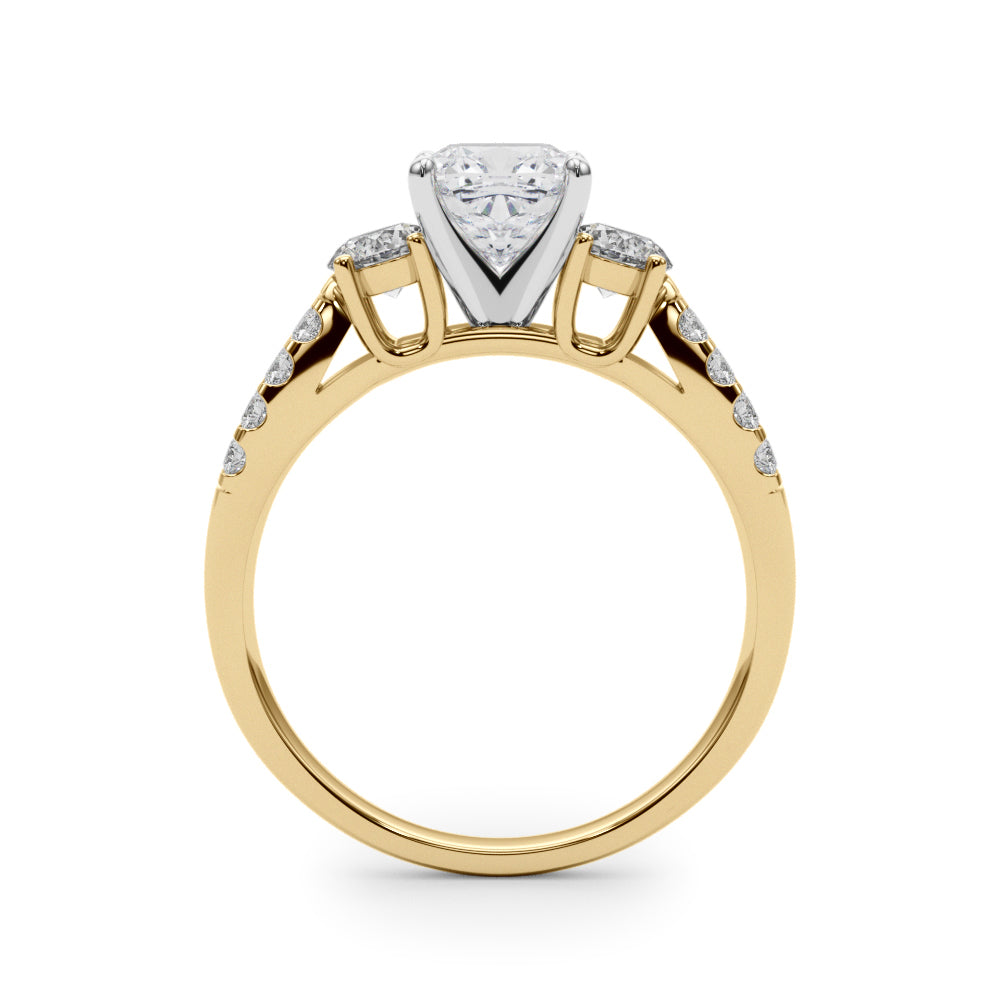Yellow gold Cushion Three-Stone Diamond Ring with Pavé Split Shank and Four-Prong Setting