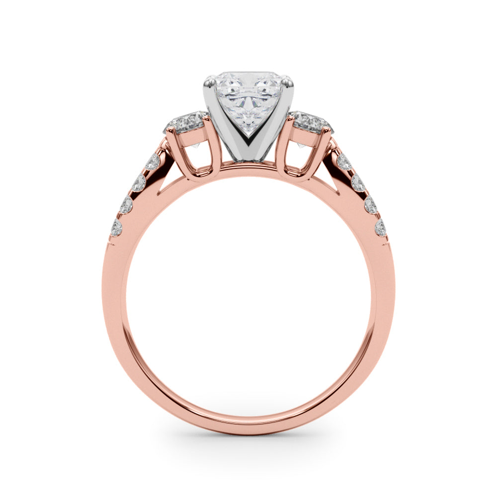 Rose gold Cushion Three-Stone Diamond Ring with Pavé Split Shank and Four-Prong Setting