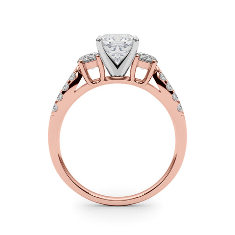 Rose gold Cushion Three-Stone Diamond Ring with Pavé Split Shank and Four-Prong Setting