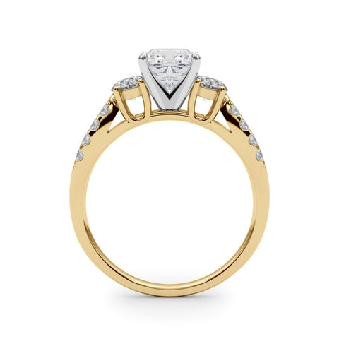 Yellow gold Cushion Three-Stone Diamond Ring with Pavé Split Shank and Four-Prong Setting