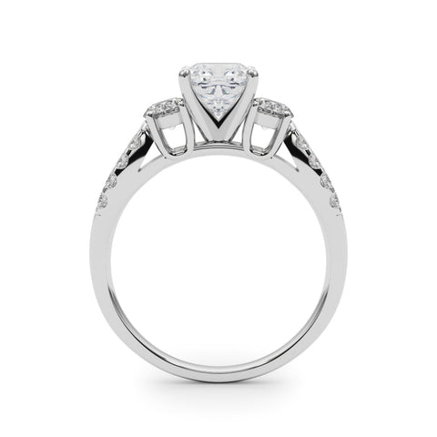 Platinum Cushion Three-Stone Diamond Ring with Pavé Split Shank and Four-Prong Setting