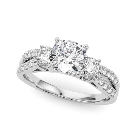White gold Cushion Three-Stone Diamond Ring with Pavé Split Shank and Four-Prong Setting