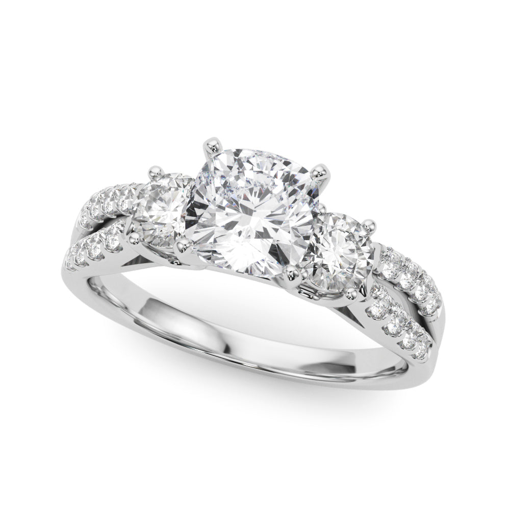 Platinum Cushion Three-Stone Diamond Ring with Pavé Split Shank and Four-Prong Setting