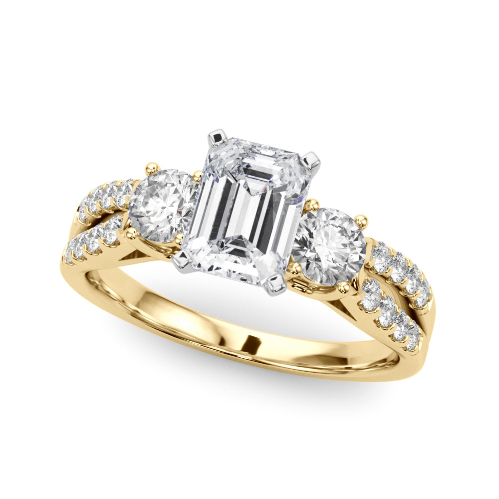 Yellow gold Emerald Three-Stone Diamond Ring with Pavé Split Shank and Four-Prong Setting