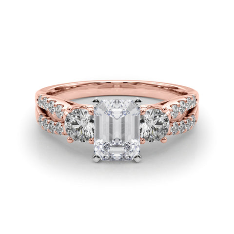 Rose gold Emerald Three-Stone Diamond Ring with Pavé Split Shank and Four-Prong Setting
