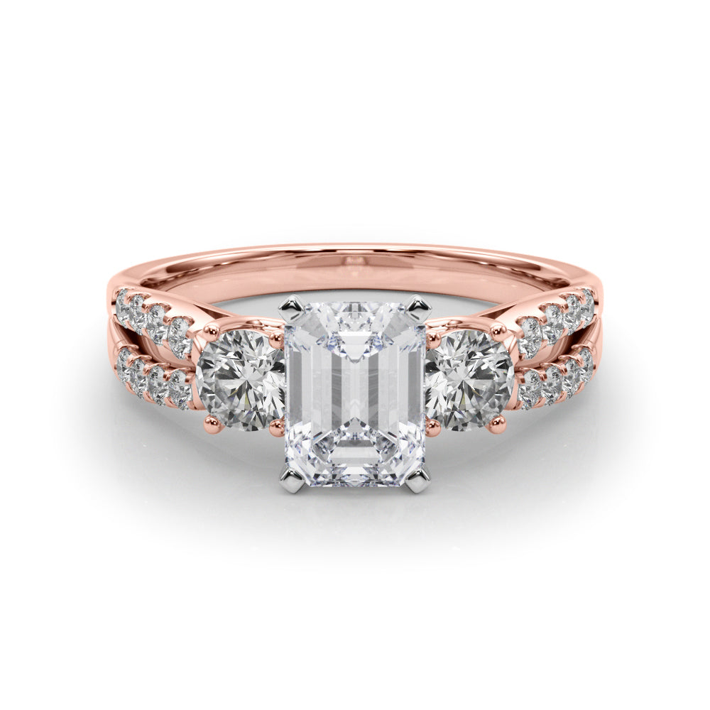Rose gold Emerald Three-Stone Diamond Ring with Pavé Split Shank and Four-Prong Setting