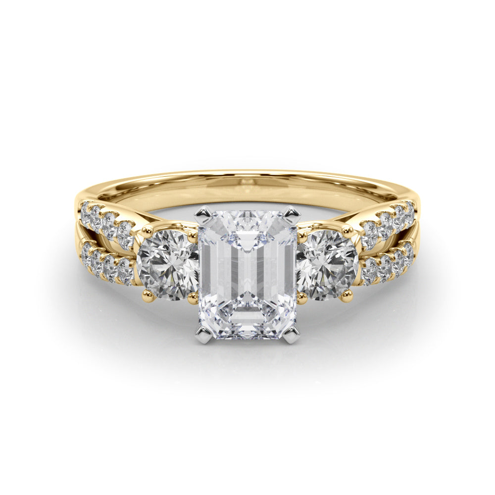 Yellow gold Emerald Three-Stone Diamond Ring with Pavé Split Shank and Four-Prong Setting