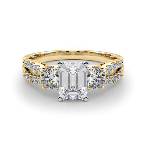Yellow gold Emerald Three-Stone Diamond Ring with Pavé Split Shank and Four-Prong Setting