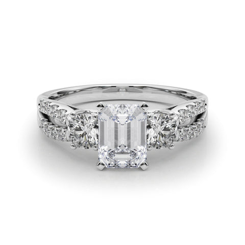 Platinum Emerald Three-Stone Diamond Ring with Pavé Split Shank and Four-Prong Setting