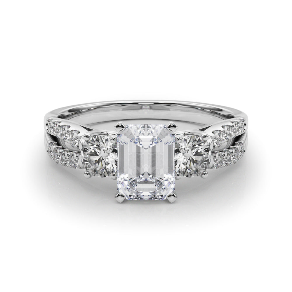 White gold Emerald Three-Stone Diamond Ring with Pavé Split Shank and Four-Prong Setting