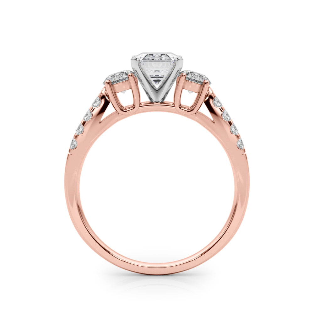 Rose gold Emerald Three-Stone Diamond Ring with Pavé Split Shank and Four-Prong Setting
