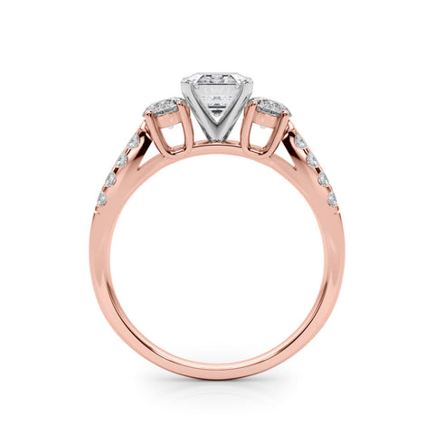 Rose gold Emerald Three-Stone Diamond Ring with Pavé Split Shank and Four-Prong Setting