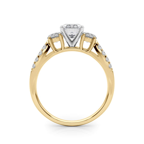 Yellow gold Emerald Three-Stone Diamond Ring with Pavé Split Shank and Four-Prong Setting