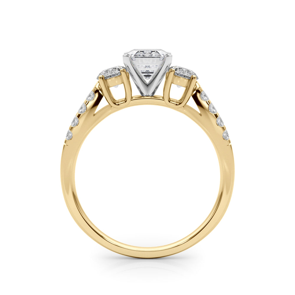 Yellow gold Emerald Three-Stone Diamond Ring with Pavé Split Shank and Four-Prong Setting