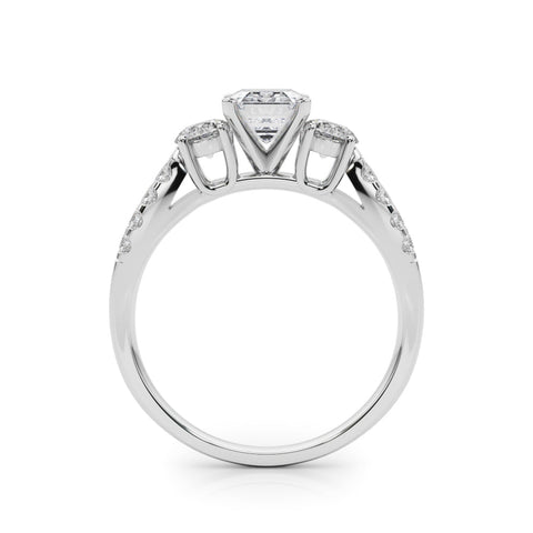 White gold Emerald Three-Stone Diamond Ring with Pavé Split Shank and Four-Prong Setting