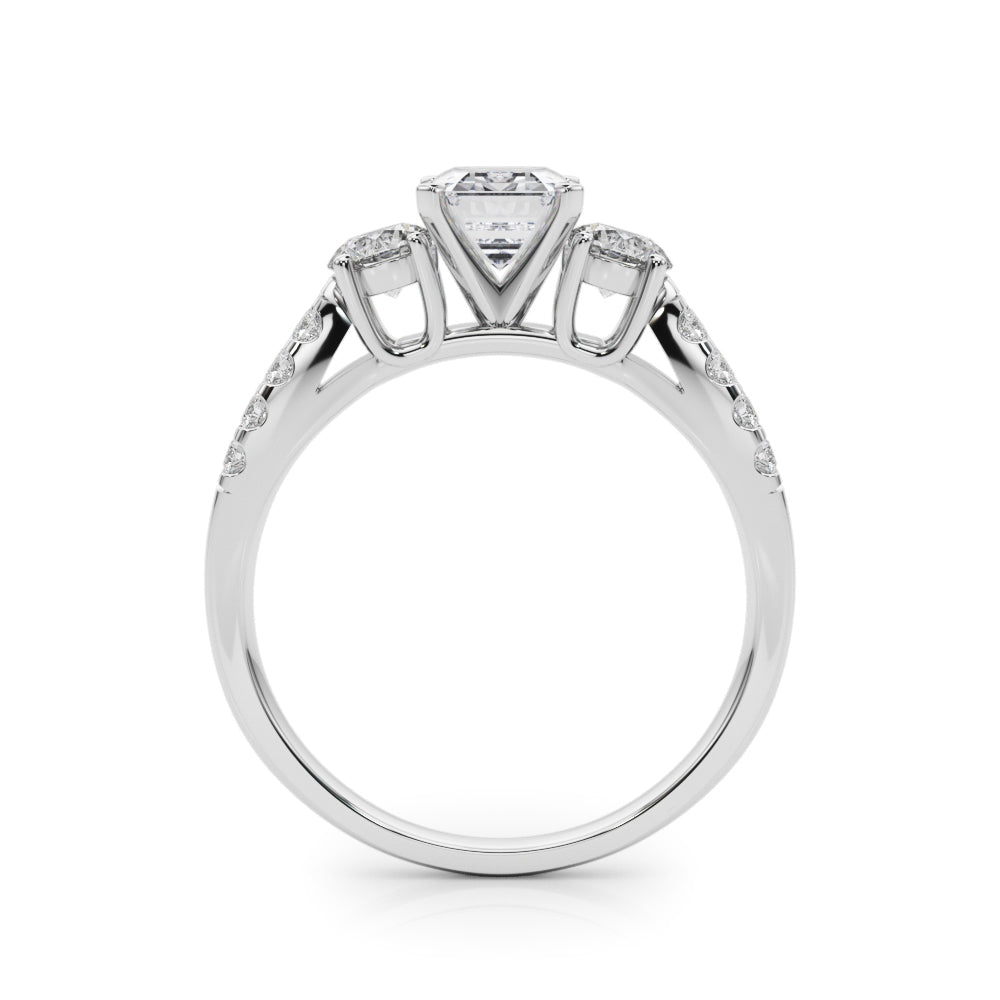 Platinum Radiant Three-Stone Diamond Ring with Pavé Split Shank and Four-Prong Setting